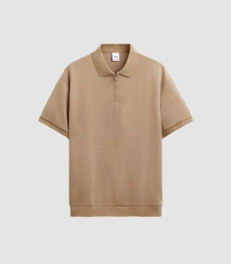 Relaxed-Fit Zip-Placket Polo Shirt – Camel