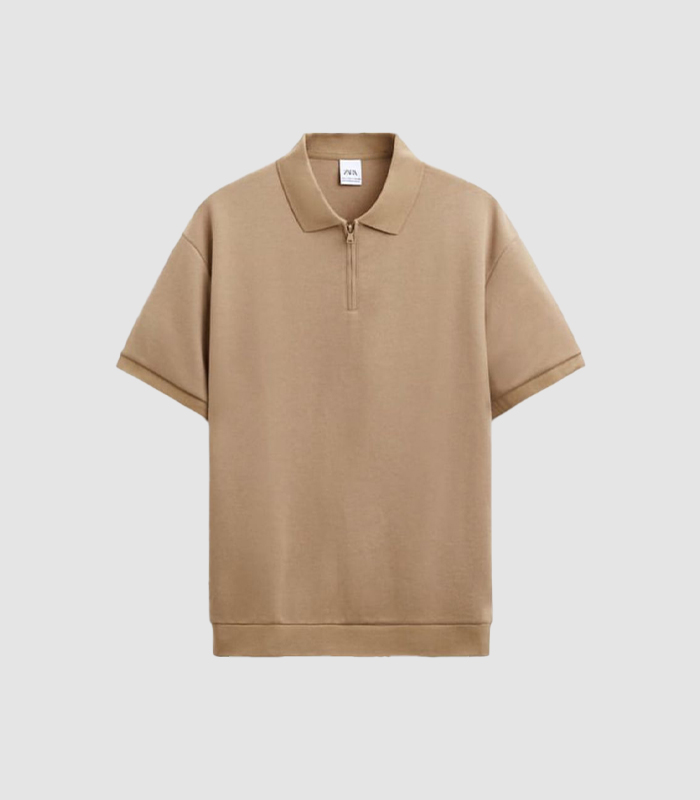 polo 3 Relaxed-Fit Zip-Placket Polo Shirt – Camel - Image 1
